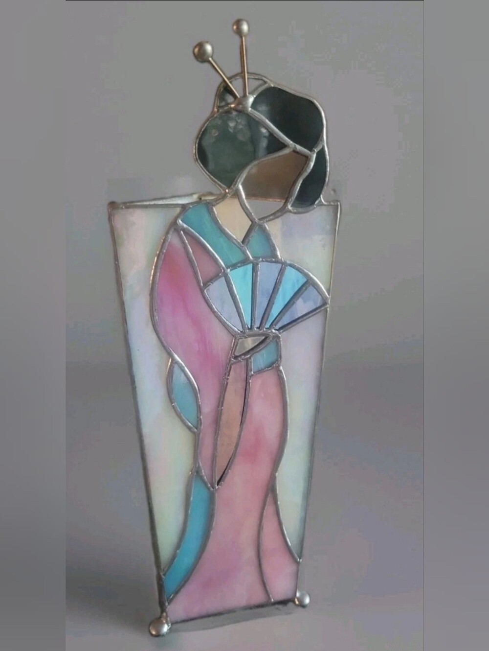 Asian Geshia Woman Stained Glass Vase/Candle Holder 12"' High
